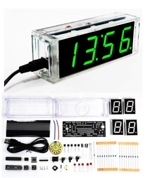 4-LED Digital Electronic Clock DIY Time Date Temperature Speaker Light Control