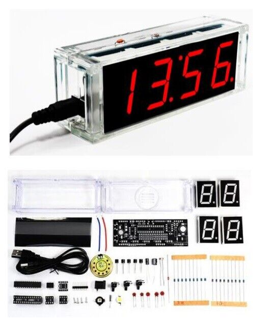 4-LED Digital Electronic Clock DIY Time Date Temperature Speaker Light Control
