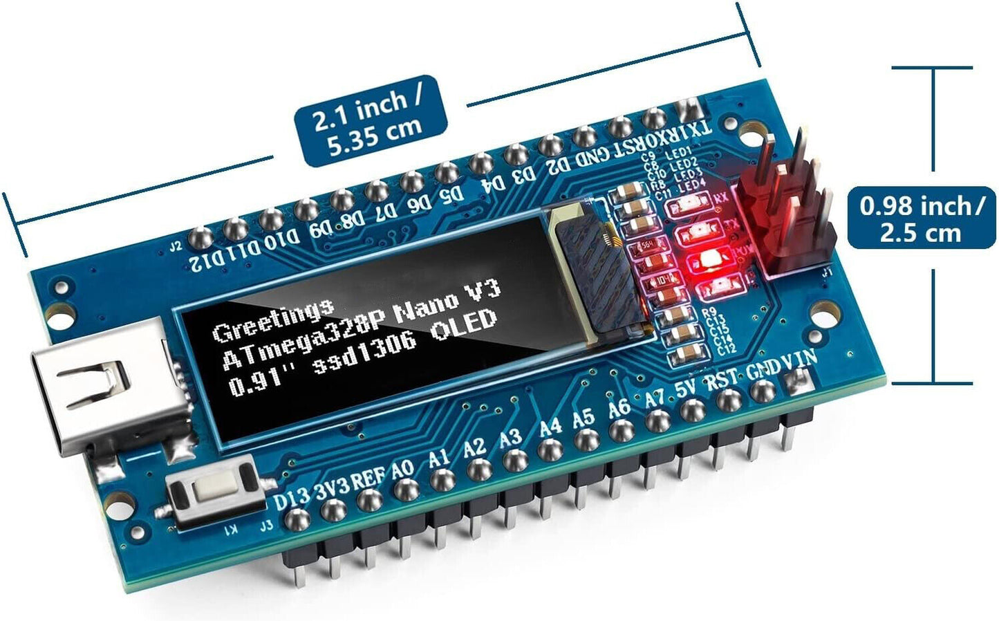 Nano V3 Board ATmega328P CH340 Controller with 0.91'' OLED Display for Arduino