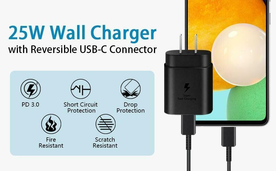 25W Type USB-C Super Fast Wall Charger +6FT Cable For Samsung Galaxy S20 S21 S22