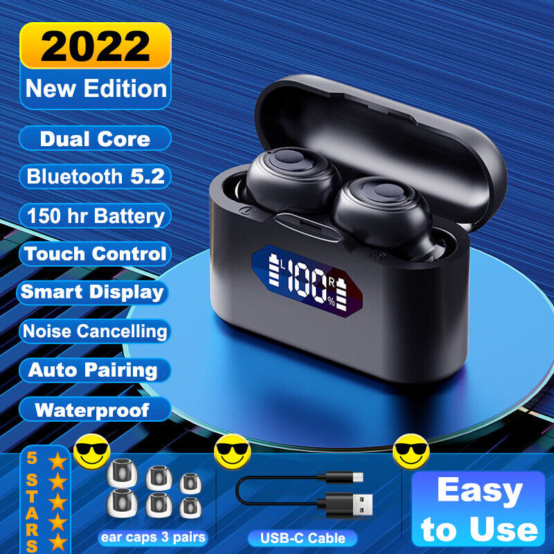 Bluetooth Headset 5.2 TWS Wireless Earphone Earbuds Headphones Stereo Waterproof