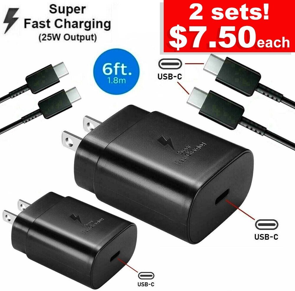 2 units Charger 25w Type USB-C Super Fast Charger 6FT Cable For Samsung S20 S21+