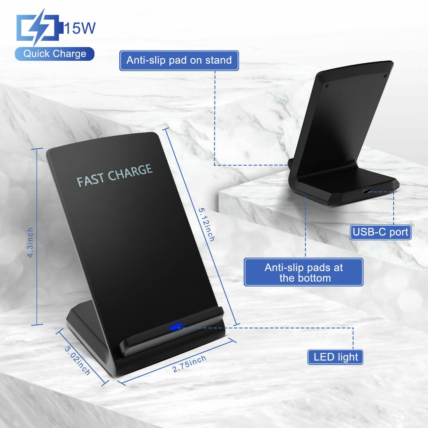 Fast 15W Qi Wireless Charging Station Stand Dock for All Phones-with AC Adapter!