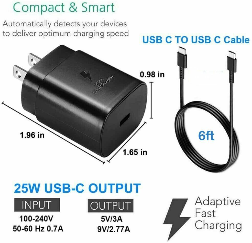 2 units Charger 25w Type USB-C Super Fast Charger 6FT Cable For Samsung S20 S21+