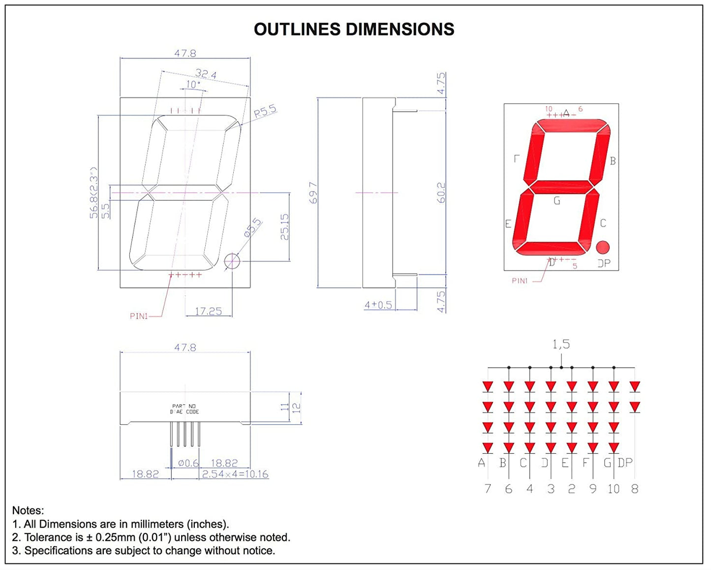 Large Seven Segment Display, Red 2.3" height Digit - Common Anode