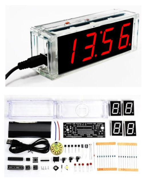 DIY Kit - LED Electronic Microcontroller Digital Clock Time, Date, Thermometer with Speaker Great project for electronic beginners - easy to assemble